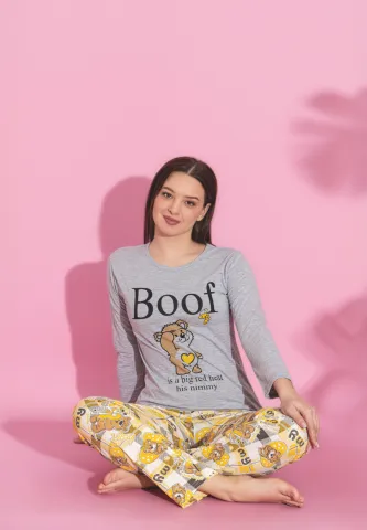 Pijama damă gri cu mânecă lungă și pantaloni lungi, imprimeu „Boof”