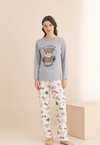 Pijama damă gri cu mânecă lungă și pantaloni lungi, imprimeu cu ursuleț și text „True Friends Are Forever” hover