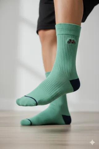 Șosete lungi bărbătești verzi – imprimeu bicicletă și detalii bleumarin