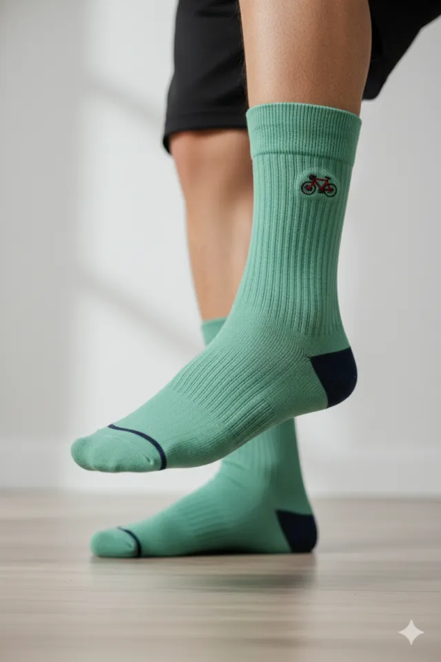 Șosete lungi bărbătești verzi – imprimeu bicicletă și detalii bleumarin