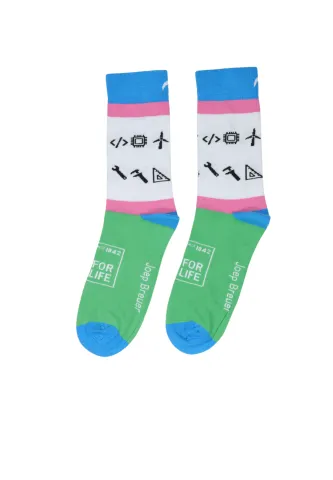 Șosete lungi bărbătești colorate – imprimeu geometric și text „Joep Breuer”