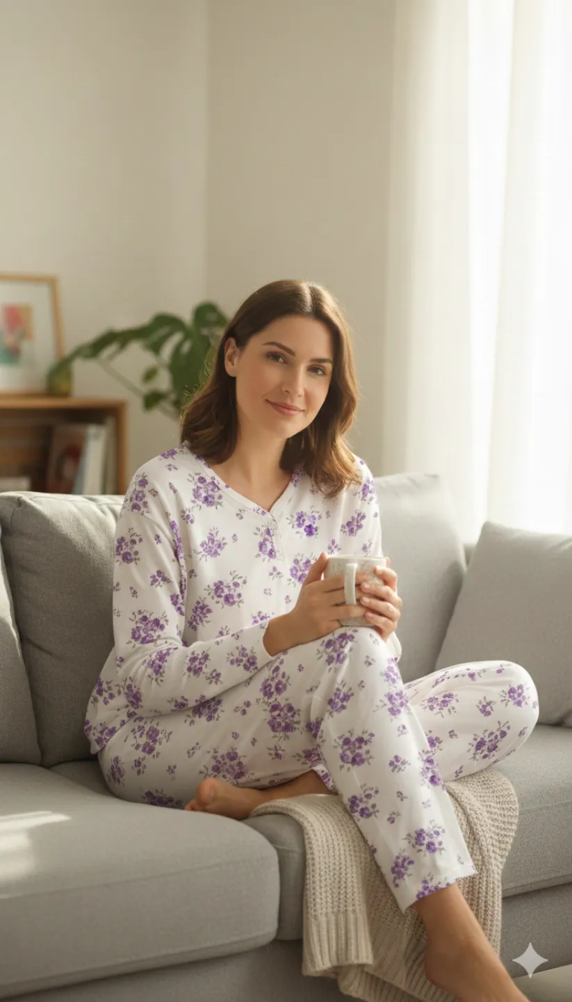 Pijama damă iarnă mărimi mari – albă cu imprimeu flori mov - 1