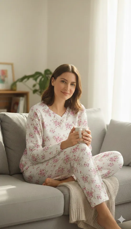 Pijama damă iarnă mărimi mari – albă cu imprimeu flori multicolore