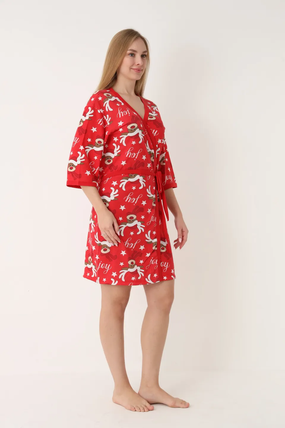 Halat damă de Crăciun, roșu, mâneci 3/4, imprimeu cu reni - 2