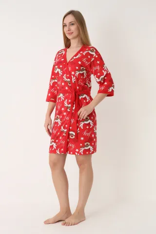 Halat damă de Crăciun, roșu, mâneci 3/4, imprimeu cu reni