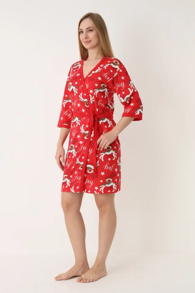 Halat damă de Crăciun, roșu, mâneci 3/4, imprimeu cu reni