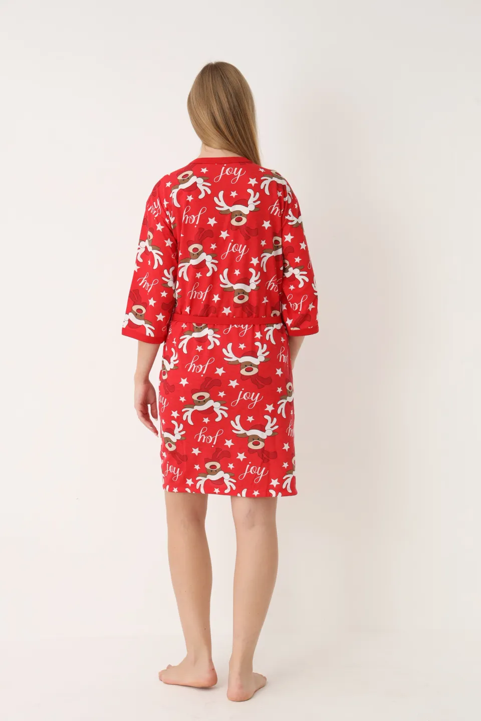 Halat damă de Crăciun, roșu, mâneci 3/4, imprimeu cu reni - 3