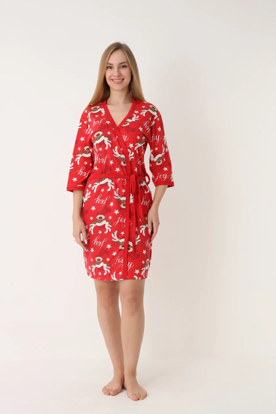 Halat damă de Crăciun, roșu, mâneci 3/4, imprimeu cu reni - 4
