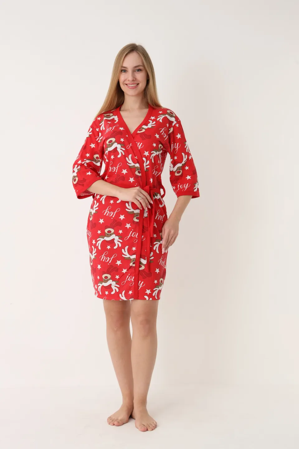 Halat damă de Crăciun, roșu, mâneci 3/4, imprimeu cu reni - 6