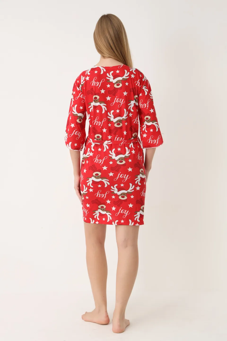 Halat damă de Crăciun, roșu, mâneci 3/4, imprimeu cu reni - 2