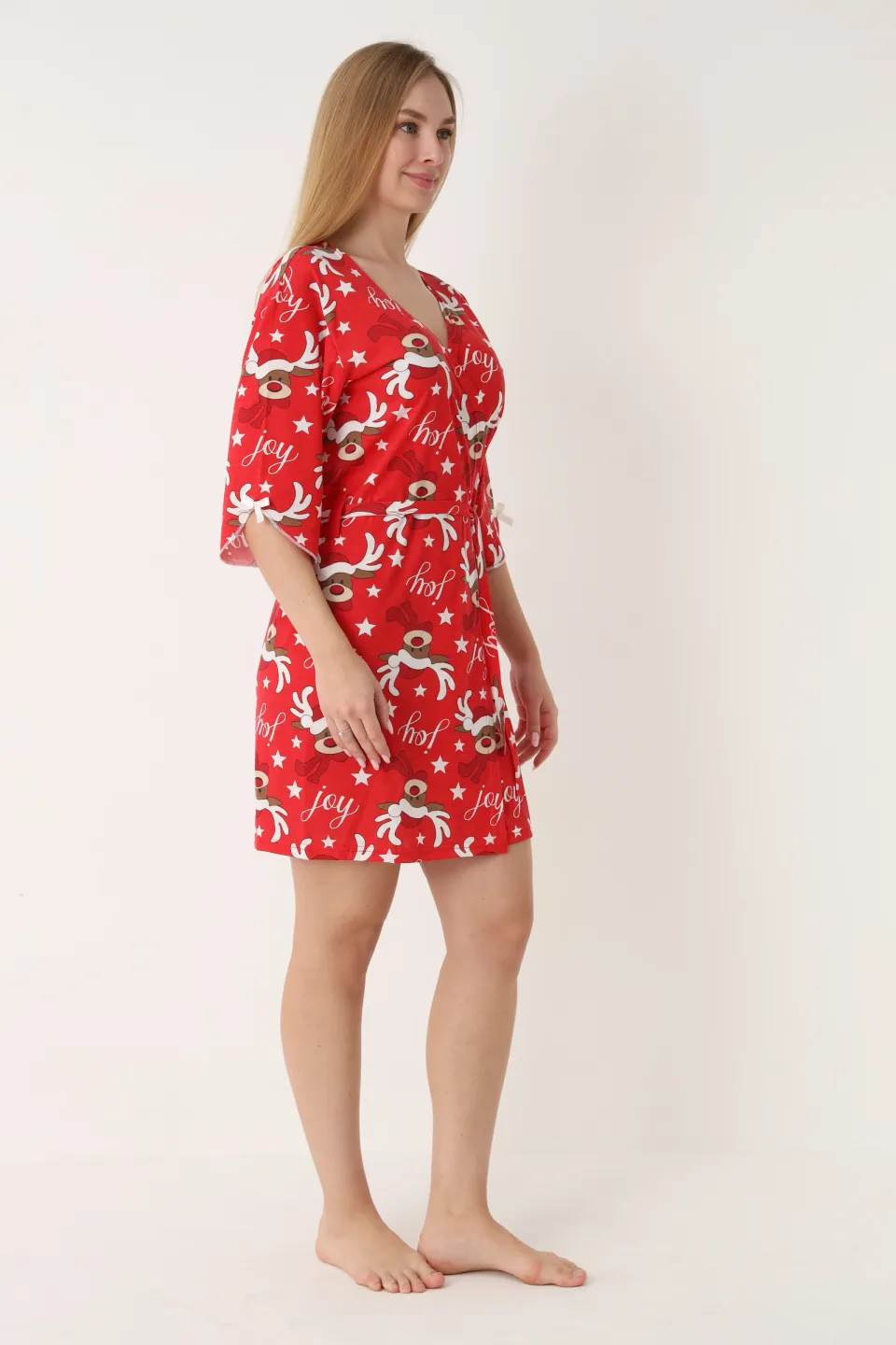 Halat damă de Crăciun, roșu, mâneci 3/4, imprimeu cu reni - 3