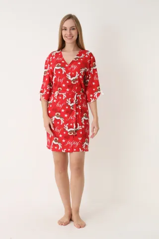 Halat damă de Crăciun, roșu, mâneci 3/4, imprimeu cu reni