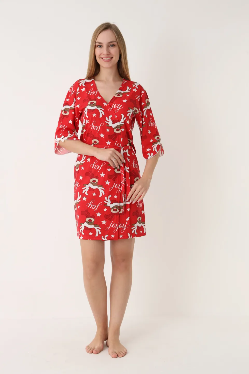 Halat damă de Crăciun, roșu, mâneci 3/4, imprimeu cu reni - 4
