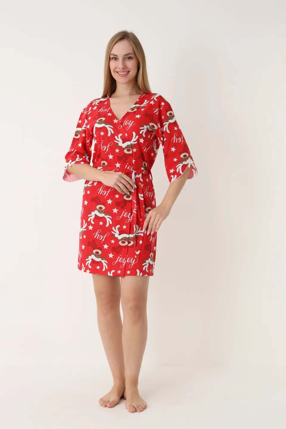 Halat damă de Crăciun, roșu, mâneci 3/4, imprimeu cu reni - 5