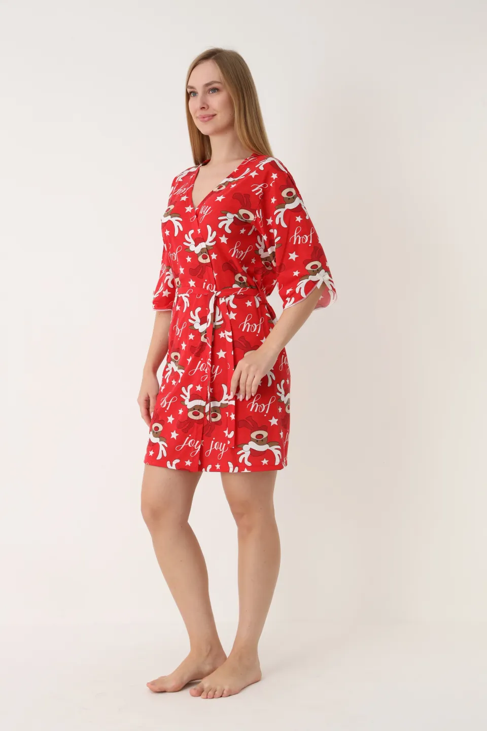Halat damă de Crăciun, roșu, mâneci 3/4, imprimeu cu reni - 6