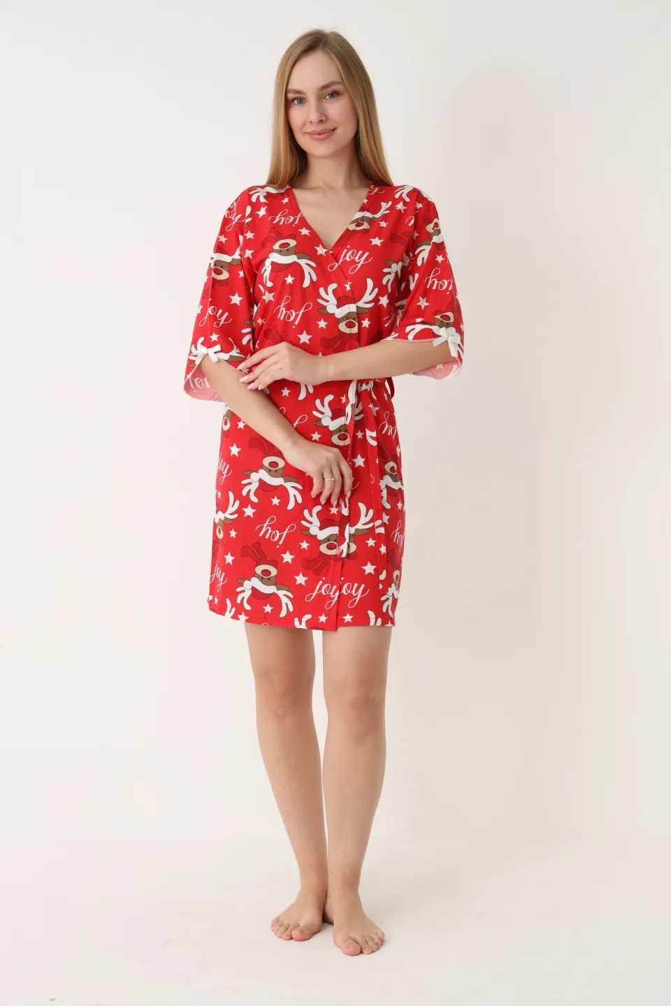 Halat damă de Crăciun, roșu, mâneci 3/4, imprimeu cu reni - 7