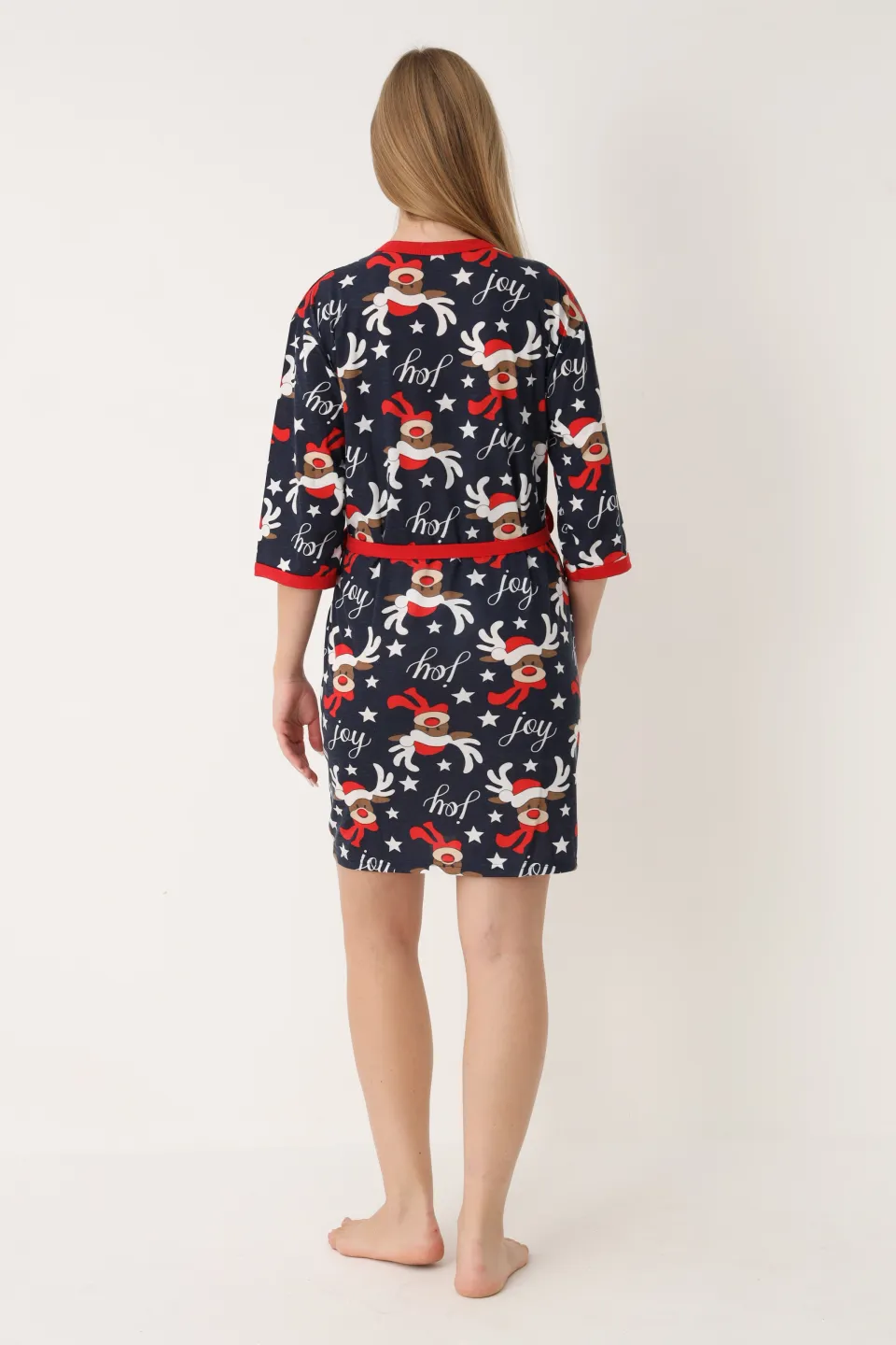 Halat damă de Crăciun, bleumarin, mâneci 3/4, imprimeu cu reni - 3