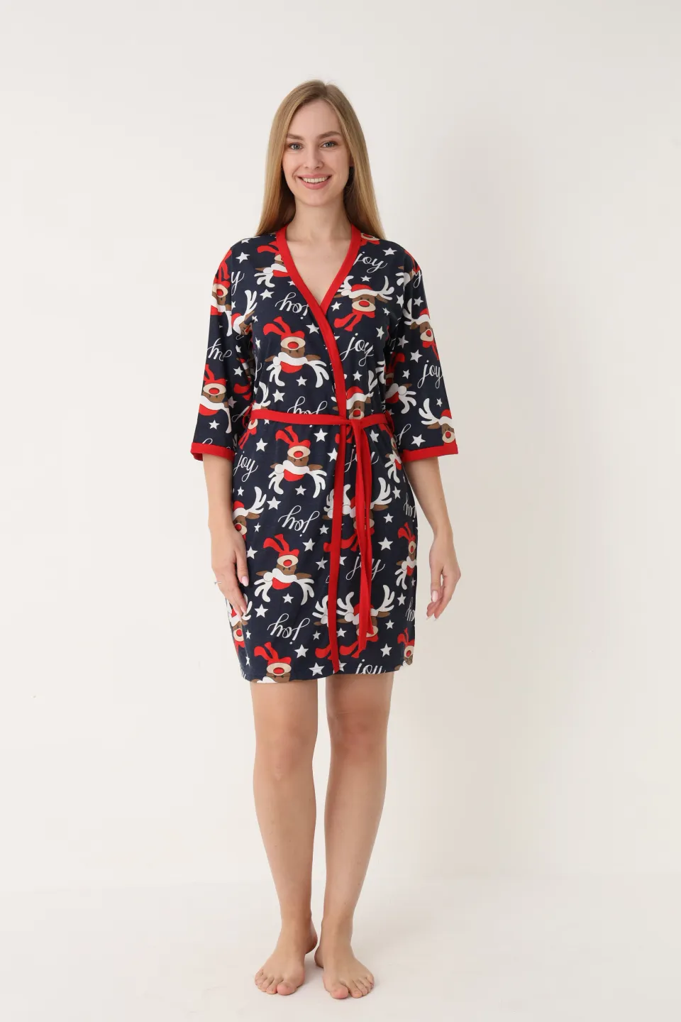 Halat damă de Crăciun, bleumarin, mâneci 3/4, imprimeu cu reni - 4