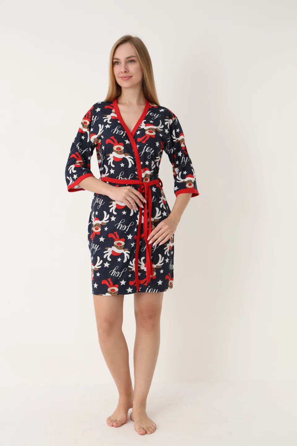 Halat damă de Crăciun, bleumarin, mâneci 3/4, imprimeu cu reni - 1