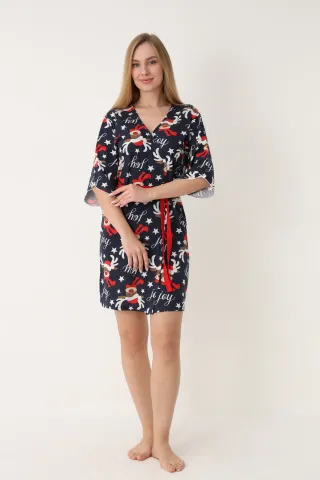 Halat damă de Crăciun, bleumarin, mâneci 3/4, imprimeu cu reni Model2