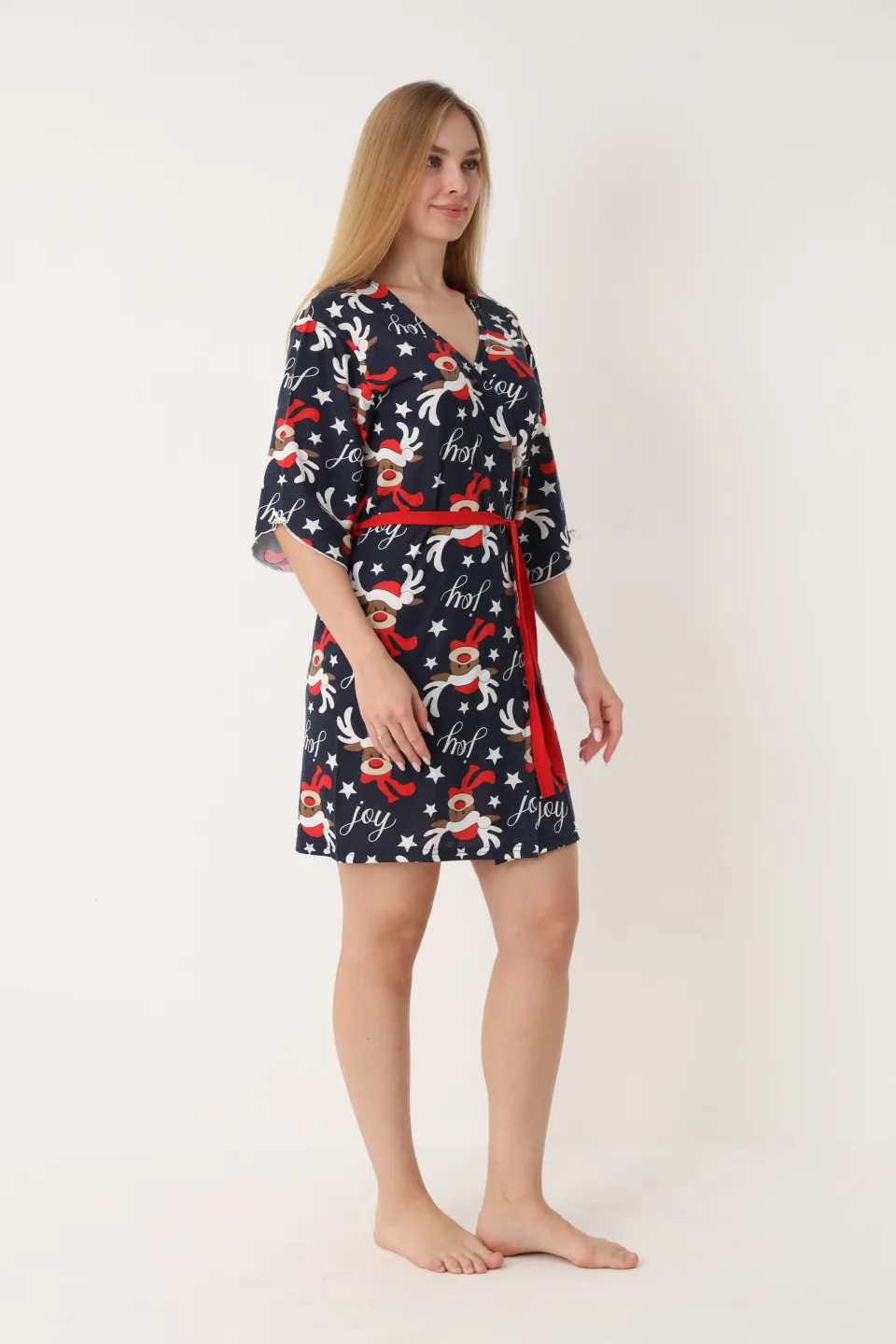 Halat damă de Crăciun, bleumarin, mâneci 3/4, imprimeu cu reni - 3