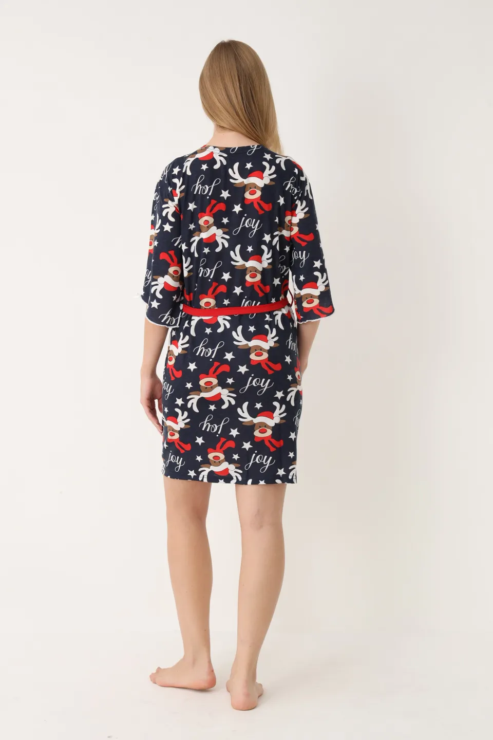 Halat damă de Crăciun, bleumarin, mâneci 3/4, imprimeu cu reni - 4