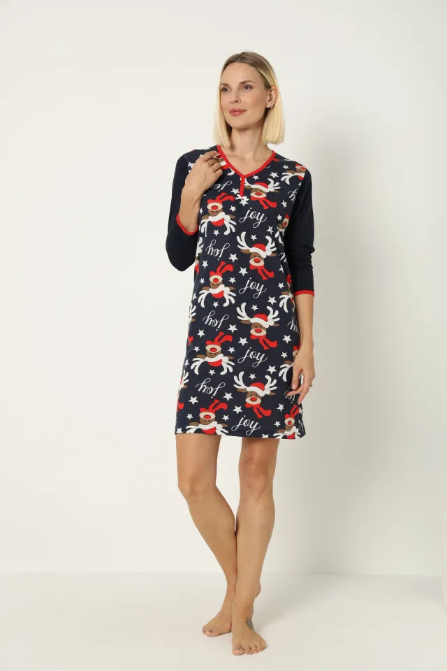Cămașă de noapte de Crăciun, bleumarin, cu imprimeu cu reni