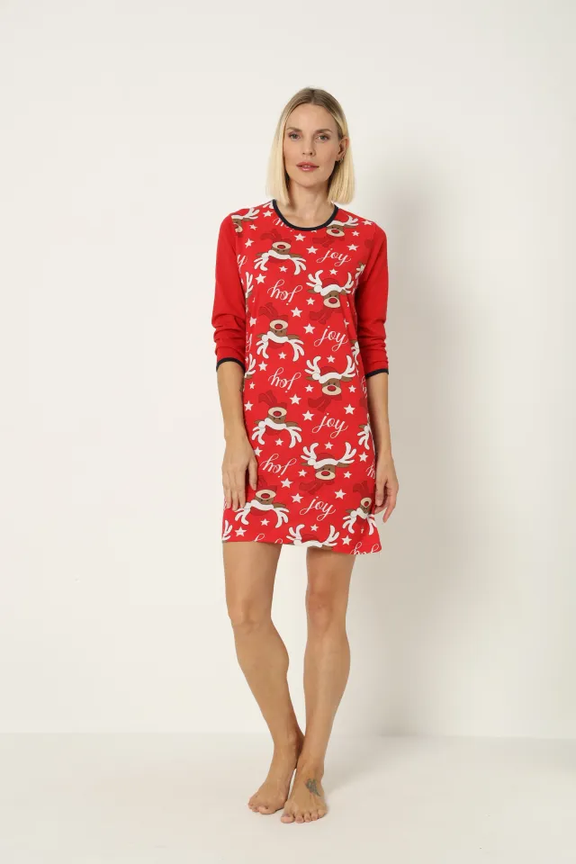 Cămașă de noapte de Crăciun, roșie, cu imprimeu cu reni