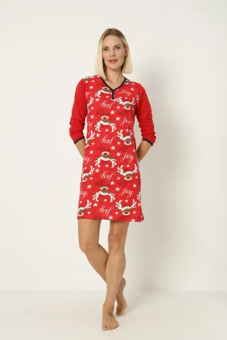 Cămașă de noapte de Crăciun, roșie, cu imprimeu cu reni, model2