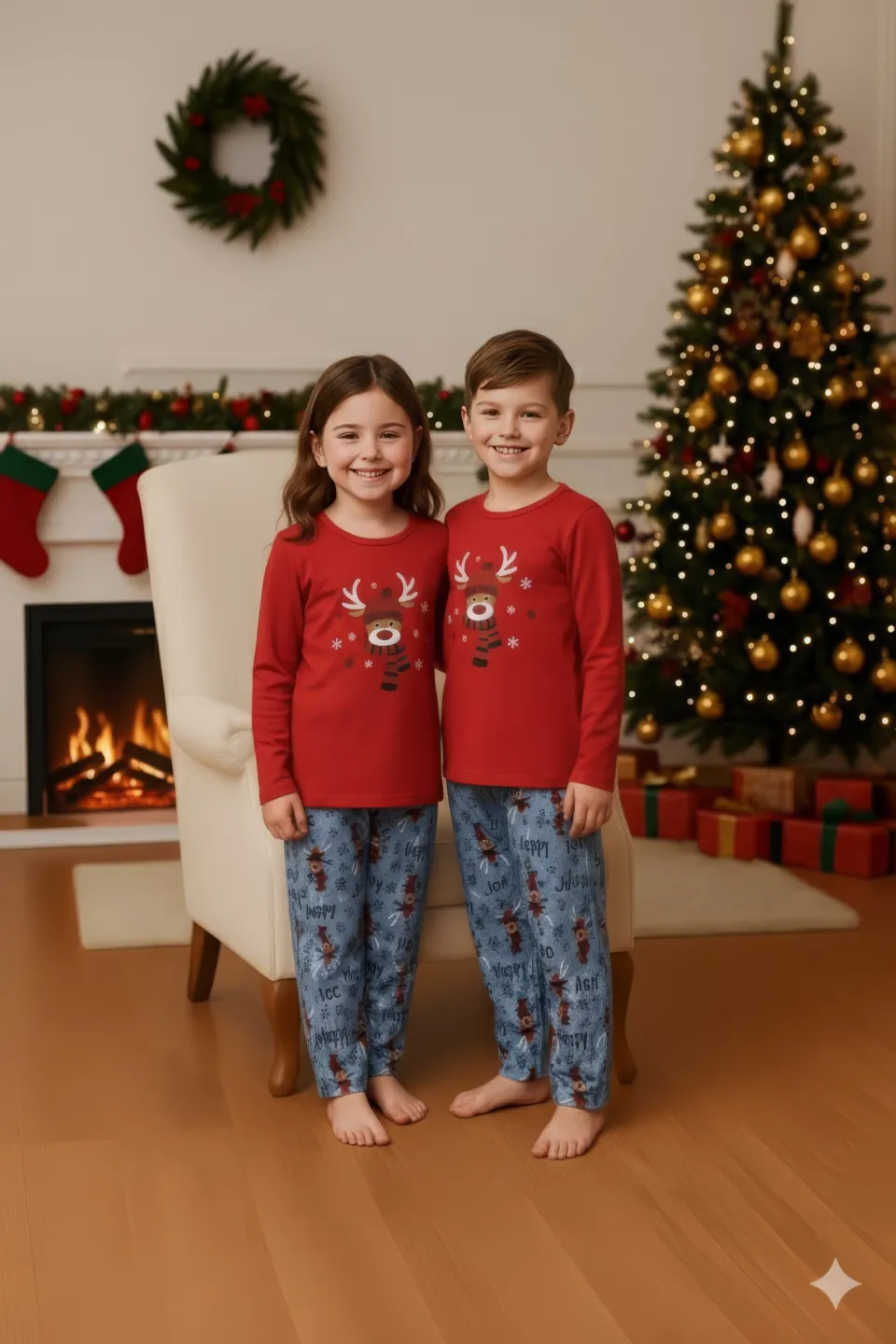 Pijamale Crăciun pentru Copii – Bluză Roșie și Pantaloni Gri cu Reni - 1