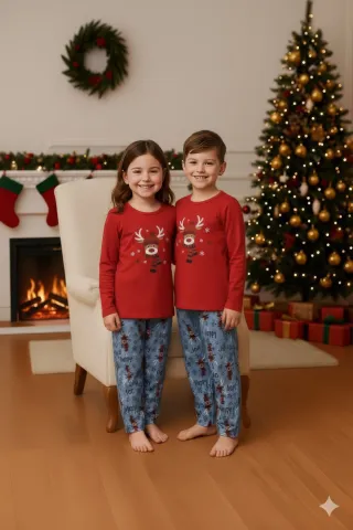 Pijamale Crăciun pentru Copii – Bluză Roșie și Pantaloni Gri cu Reni