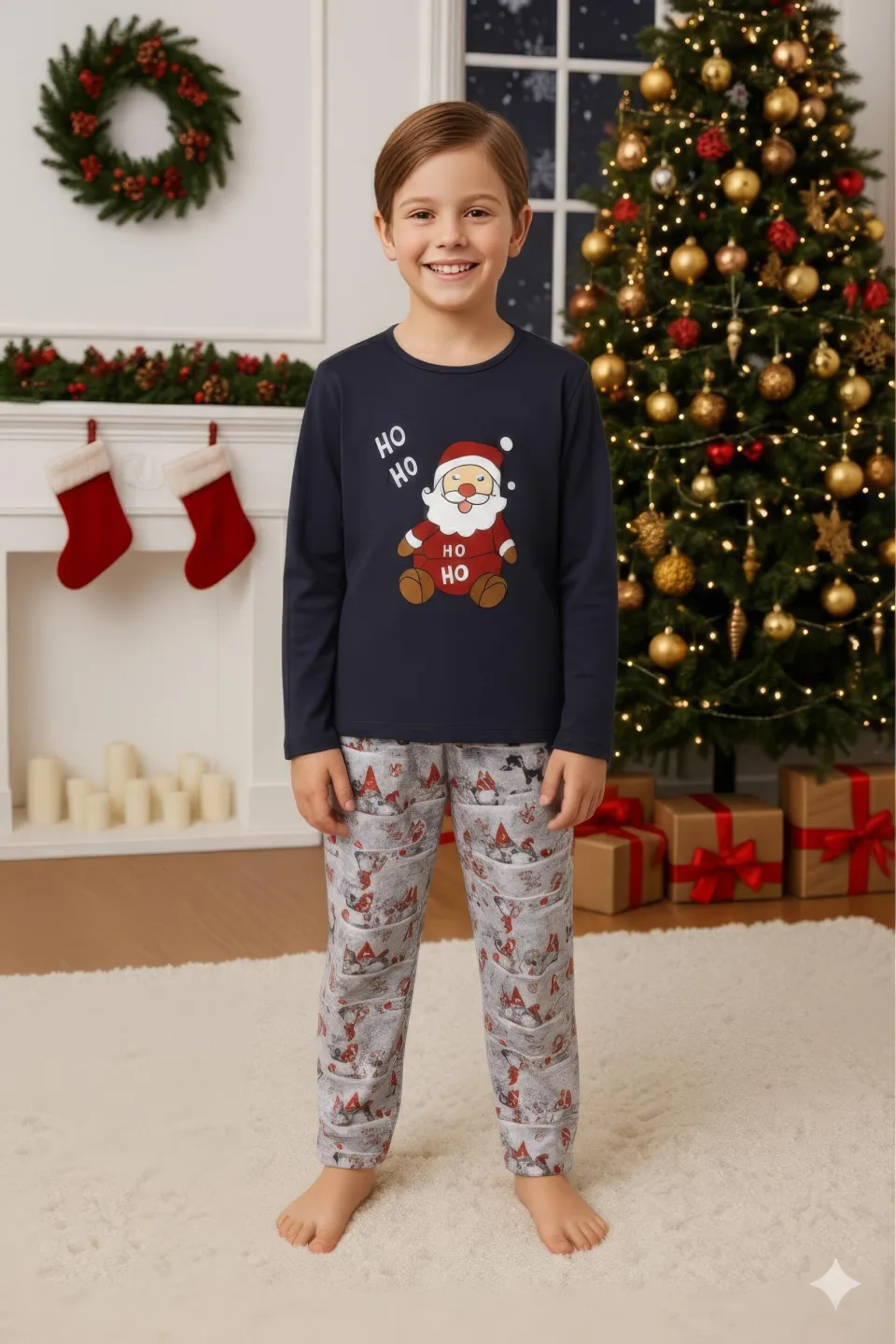 Pijamale Crăciun pentru Copii – Bluză Bleumarin și Pantaloni Gri cu Moș Crăciun - 2