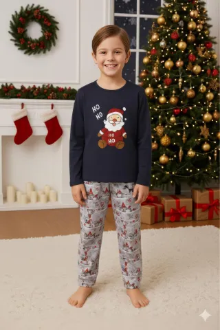 Pijamale Crăciun pentru Copii – Bluză Bleumarin și Pantaloni Gri cu Moș Crăciun hover