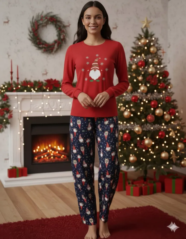 Pijamă Crăciun Dama – Bluză Roșie & Pantaloni Bleumarin cu Pitic și Fulgi de Zăpadă