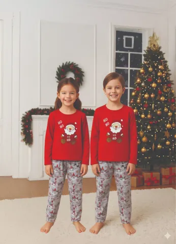 Pijamale Crăciun pentru Copii – Bluză Roșie și Pantaloni Gri cu Moș Crăciun