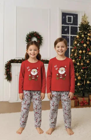 Pijamale Crăciun pentru Copii – Bluză Roșie și Pantaloni Gri cu Moș Crăciun