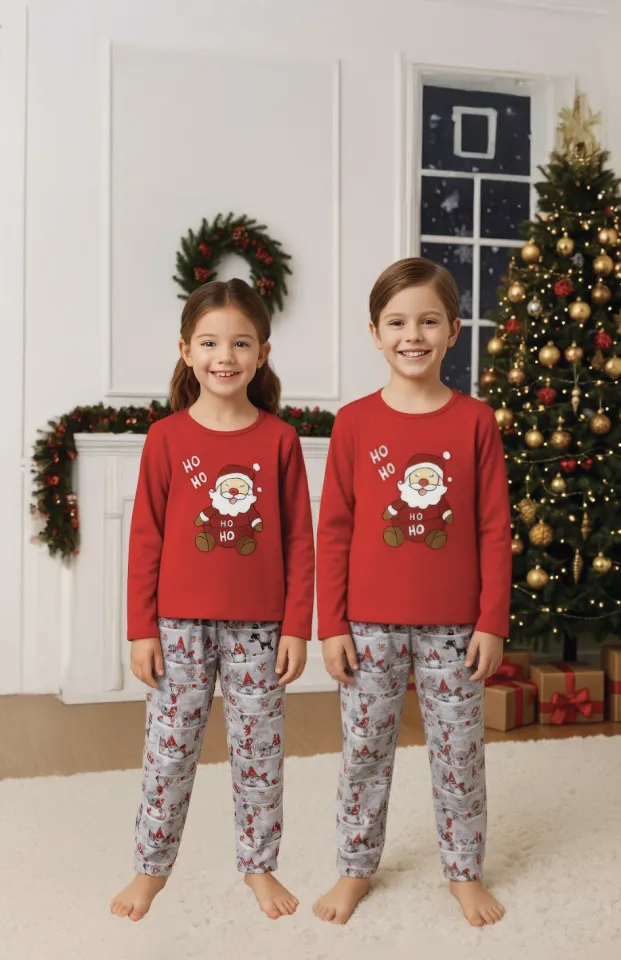 Pijamale Crăciun pentru Copii – Bluză Roșie și Pantaloni Gri cu Moș Crăciun