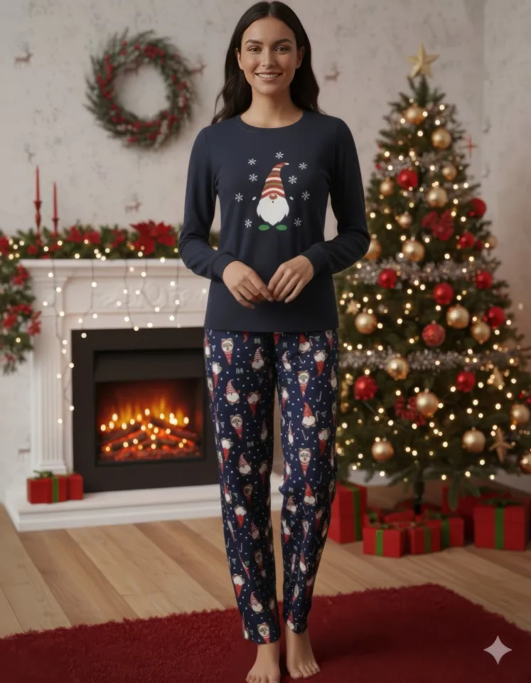 Pijamă Crăciun Damă – Bluză și Pantaloni Bleumarin cu Imprimeu Pitic și Fulgi de Zăpadă