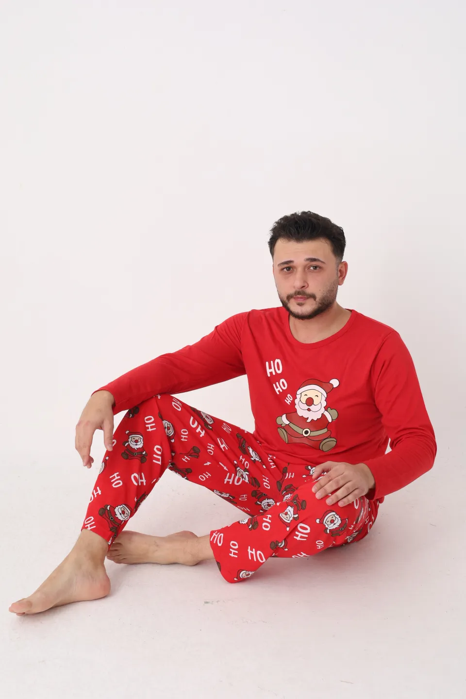 Pijamă Crăciun Bărbați – Bluză Roșie și Pantaloni Roșii cu Moș Crăciun „Ho Ho” - 3