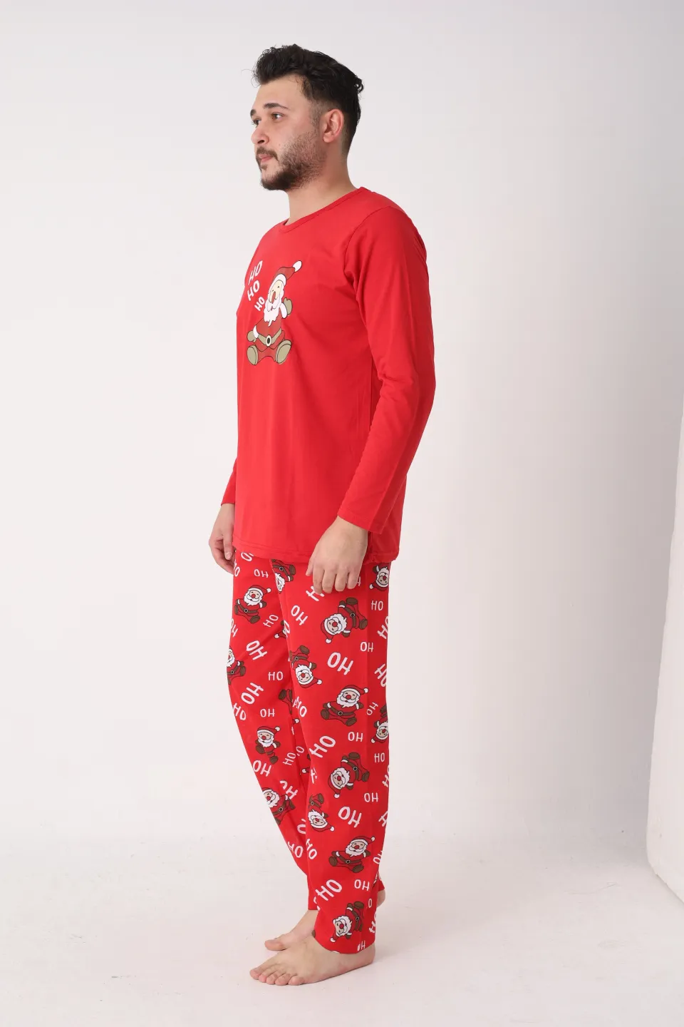 Pijamă Crăciun Bărbați – Bluză Roșie și Pantaloni Roșii cu Moș Crăciun „Ho Ho” - 4