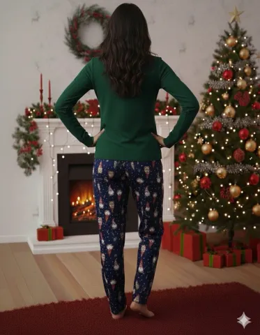 Pijamă Crăciun Damă – Bluză Verde & Pantaloni Bleumarin cu Imprimeu Pitic și Fulgi de Zăpadă hover