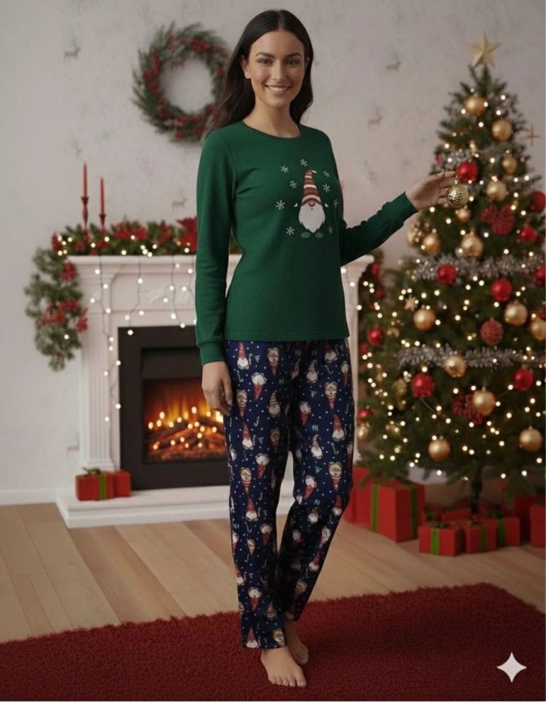 Pijamă Crăciun Damă – Bluză Verde & Pantaloni Bleumarin cu Imprimeu Pitic și Fulgi de Zăpadă - 3