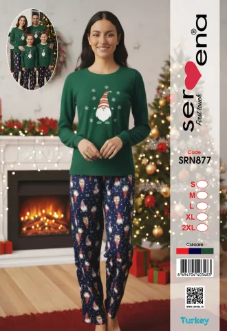 Pijamă Crăciun Damă – Bluză Roșie & Pantaloni Gri cu Imprimeu Figurine de Crăciun