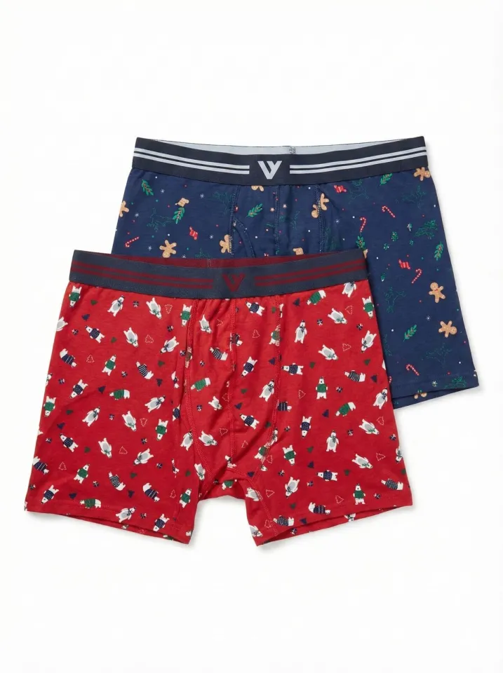 Set 2 Boxeri Bărbați – Imprimeu Crăciun, Roșu & Bleumarin