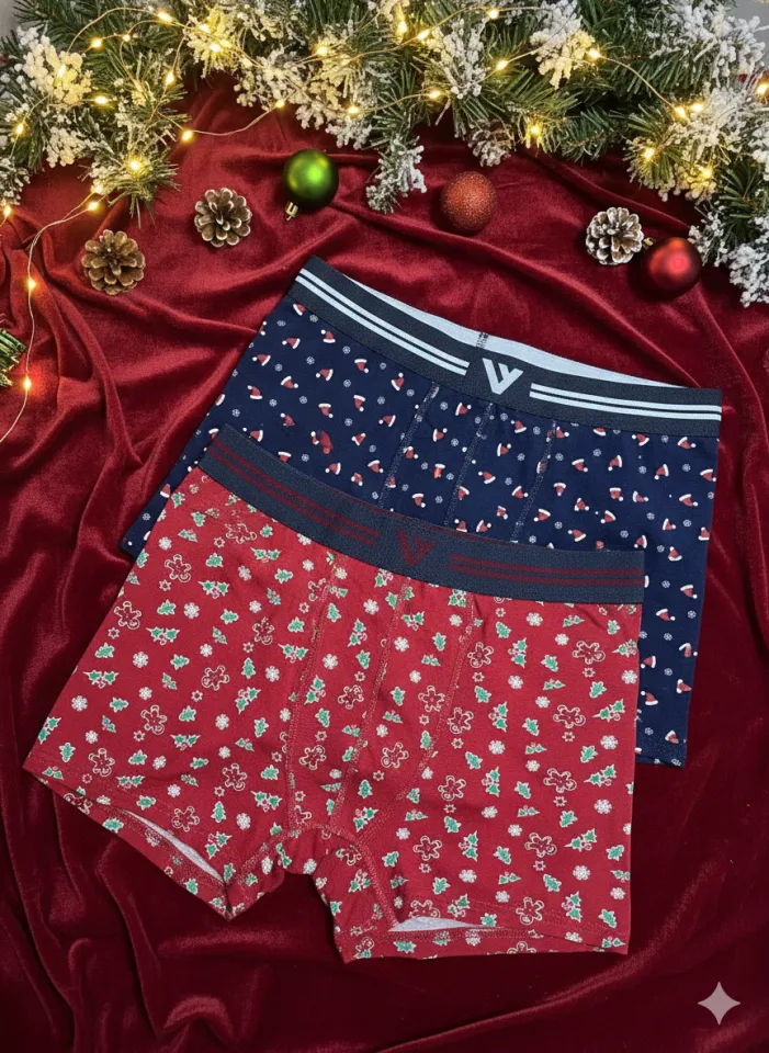 Set 2 Boxeri Bărbați – Imprimeu Crăciun, Bleumarin & Roșu