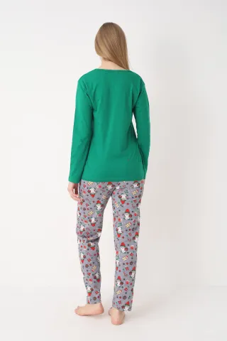 Pijama Crăciun Damă – Bluză Verde & Pantaloni Gri cu Imprimeu Pitic hover