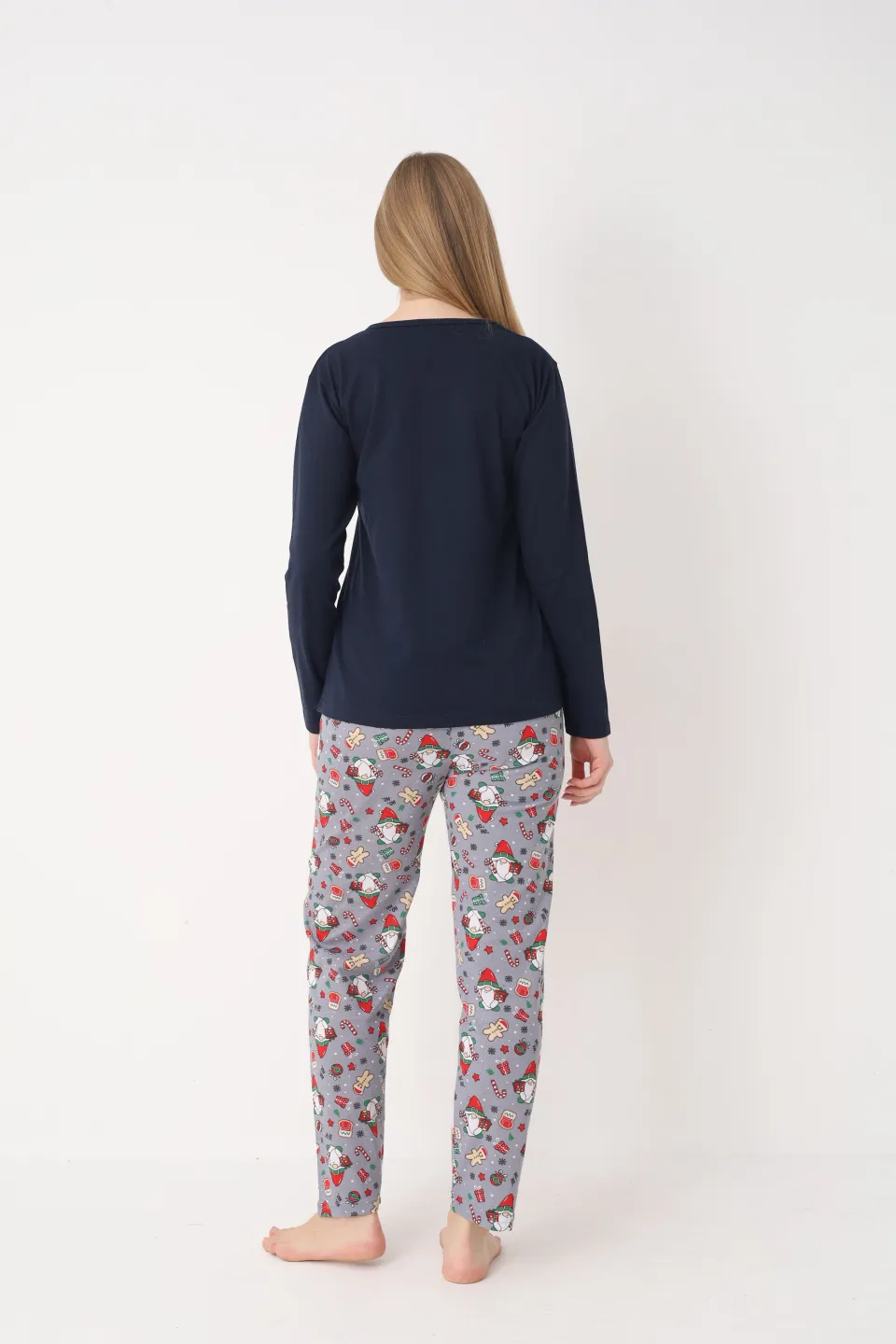 Pijama Crăciun Damă – Bluză Bleumarin & Pantaloni Gri cu Imprimeu Pitic - 2