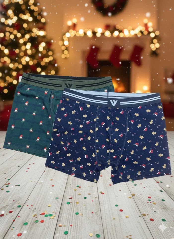 Set 2 Boxeri Bărbați – Imprimeu Crăciun, Verde & Bleumarin