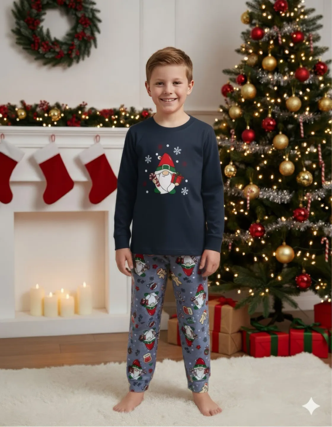 Pijama Crăciun Copii – Bluză Bleumarin & Pantaloni Gri cu Imprimeu Pitic de Crăciun - 1