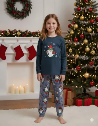 Pijama Crăciun Copii – Bluză Bleumarin & Pantaloni Gri cu Imprimeu Pitic de Crăciun hover